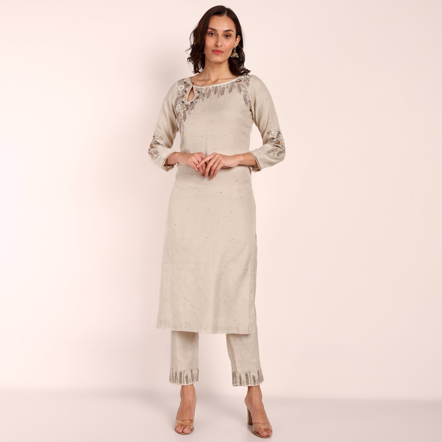 Chanderi Tissue Kurta/ Pant with Bead and Hand Embroidery