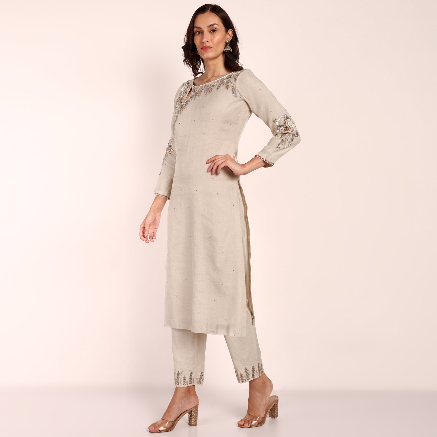 Chanderi Tissue Kurta/ Pant with Bead and Hand Embroidery