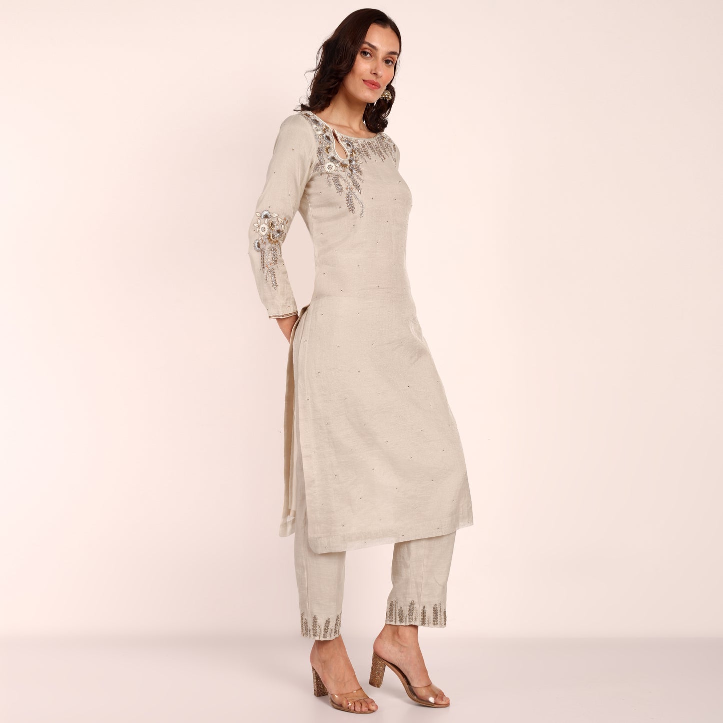 Chanderi Tissue Kurta/ Pant with Bead and Hand Embroidery