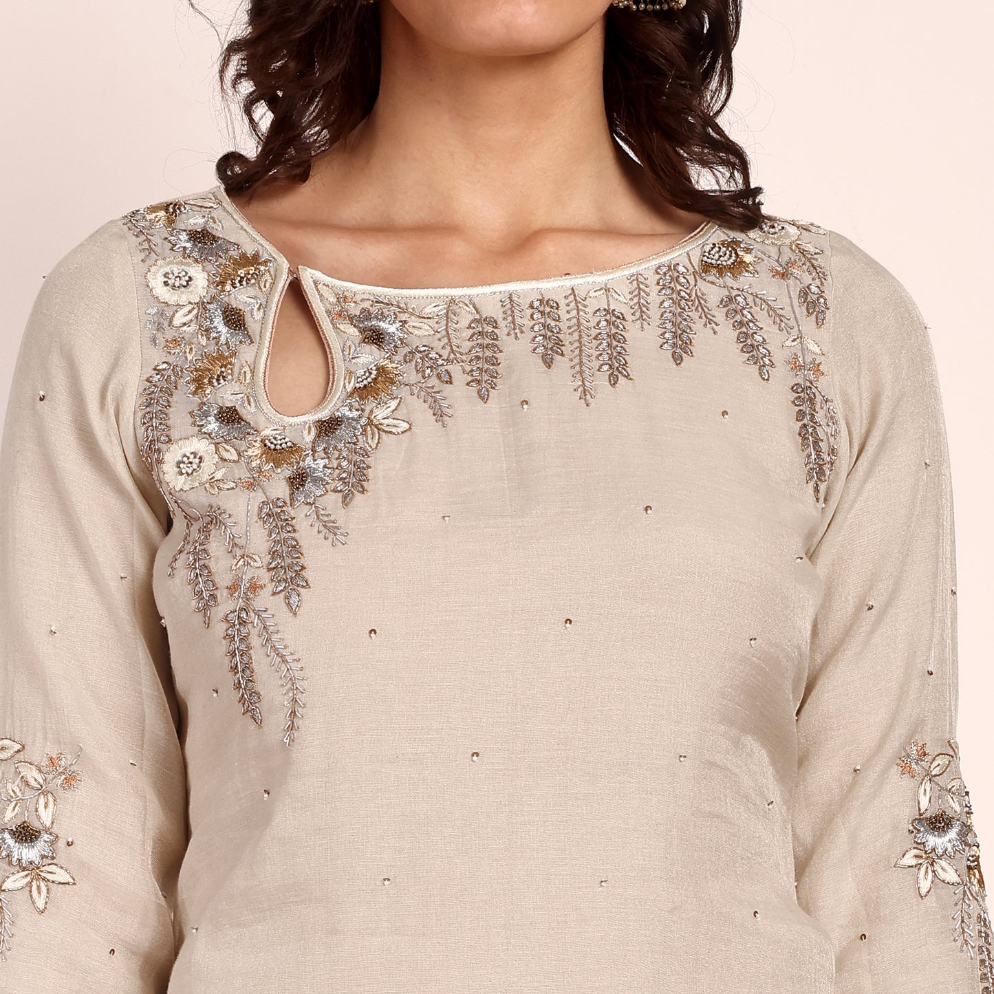 Chanderi Tissue Kurta/ Pant with Bead and Hand Embroidery