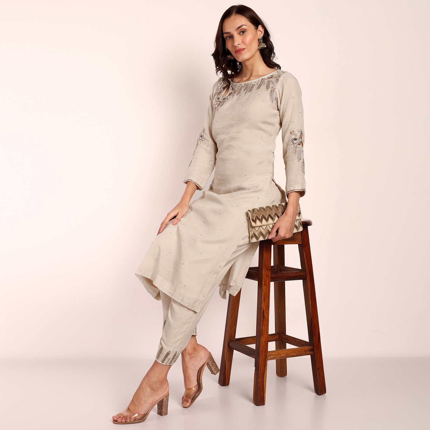 Chanderi Tissue Kurta/ Pant with Bead and Hand Embroidery