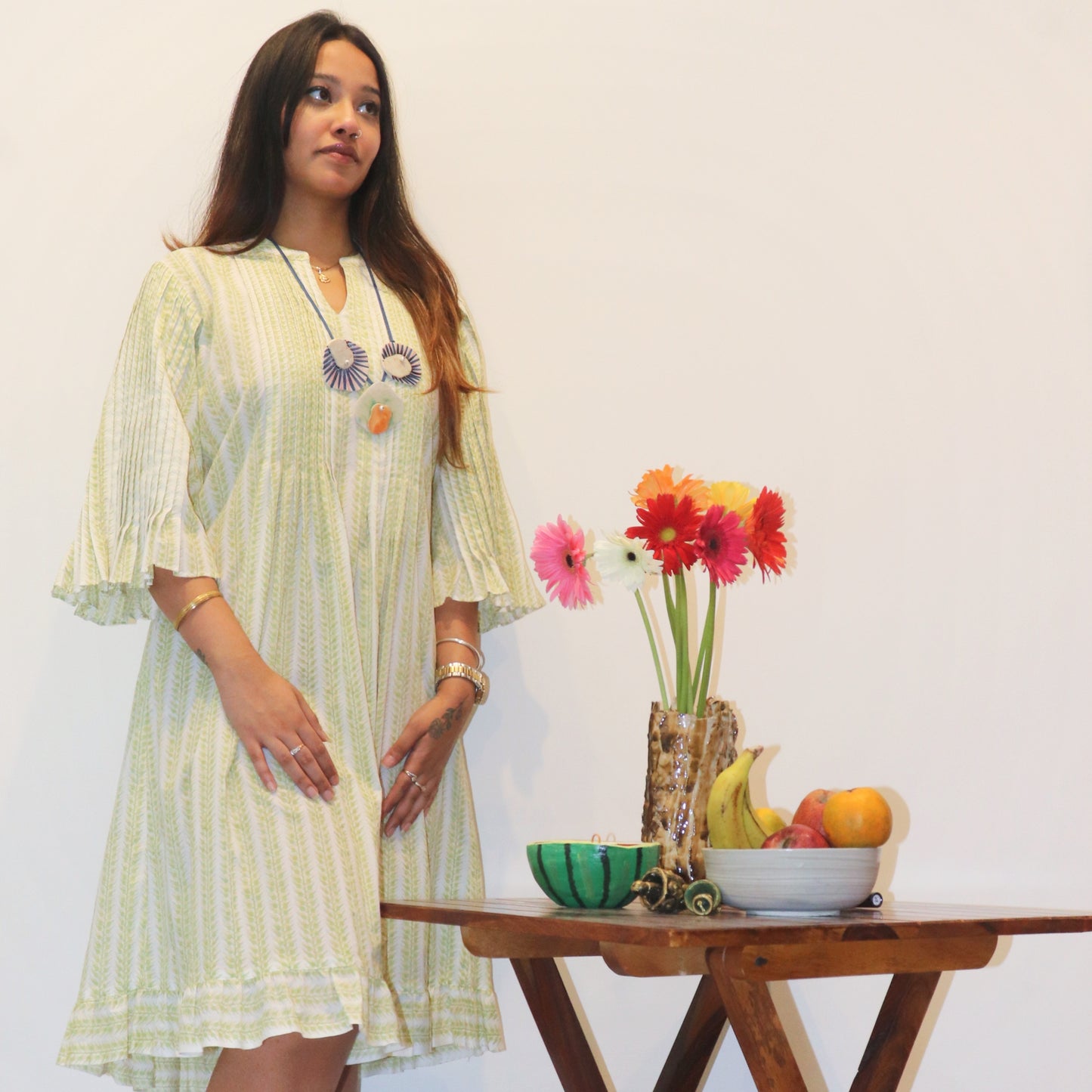Light Green Hand Block Printed Pintuck Dress
