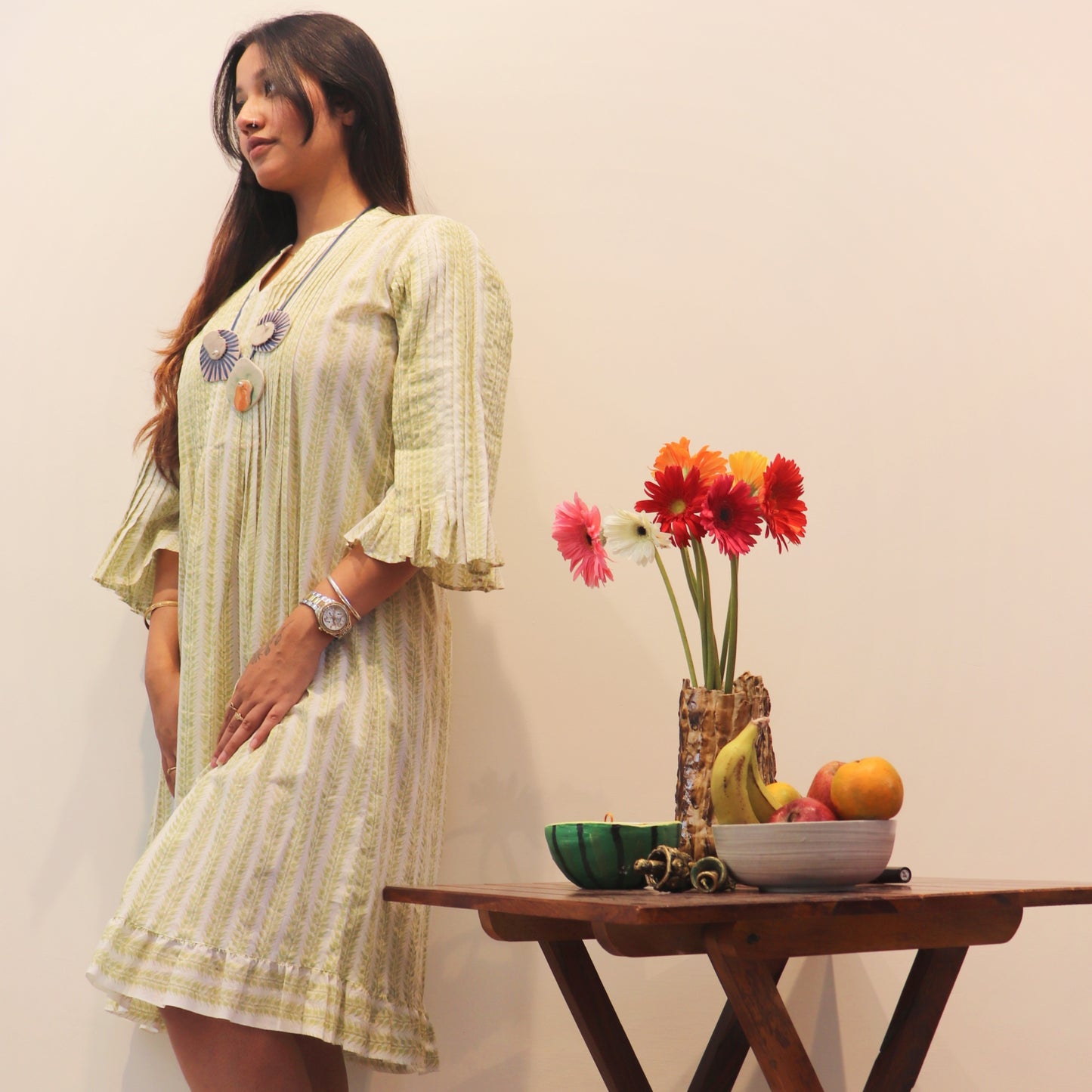 Light Green Hand Block Printed Pintuck Dress
