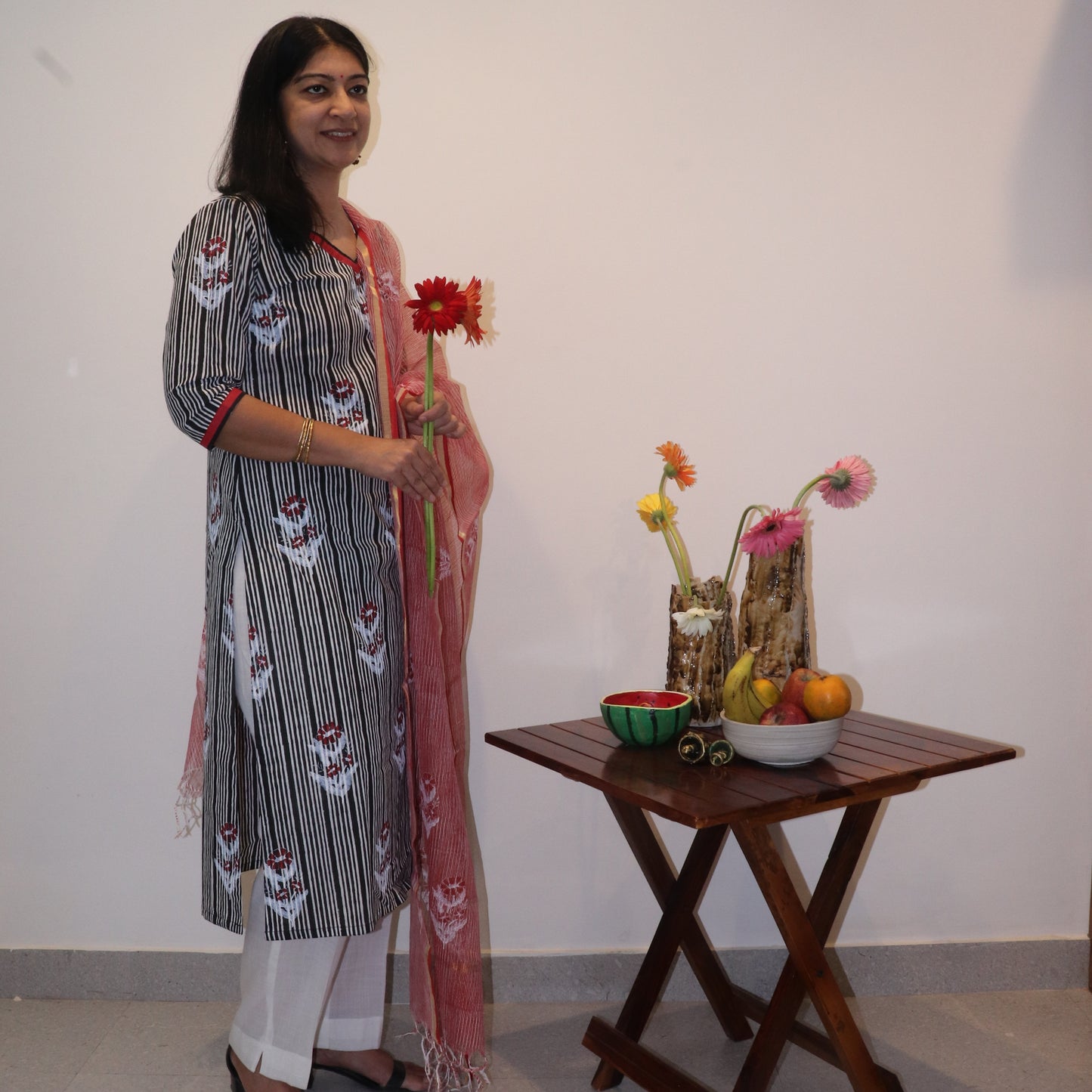 Hand Block Printed Black Striped 3 Piece Set(Separates Available)
