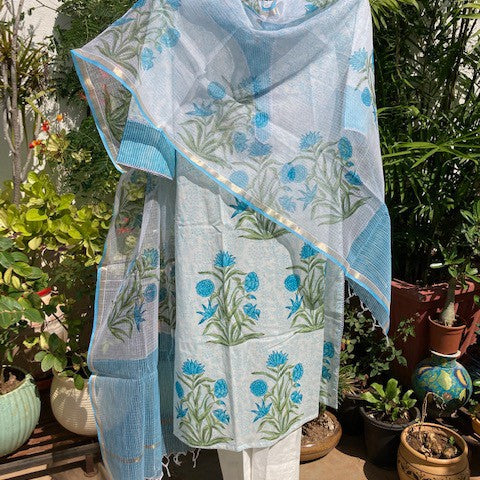 Hand Block Printed Blue Floral Kurta / Dupatta Set