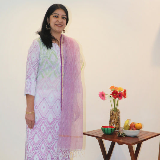 Hand Block Printed Pink / Green Kurta / Dupatta Set