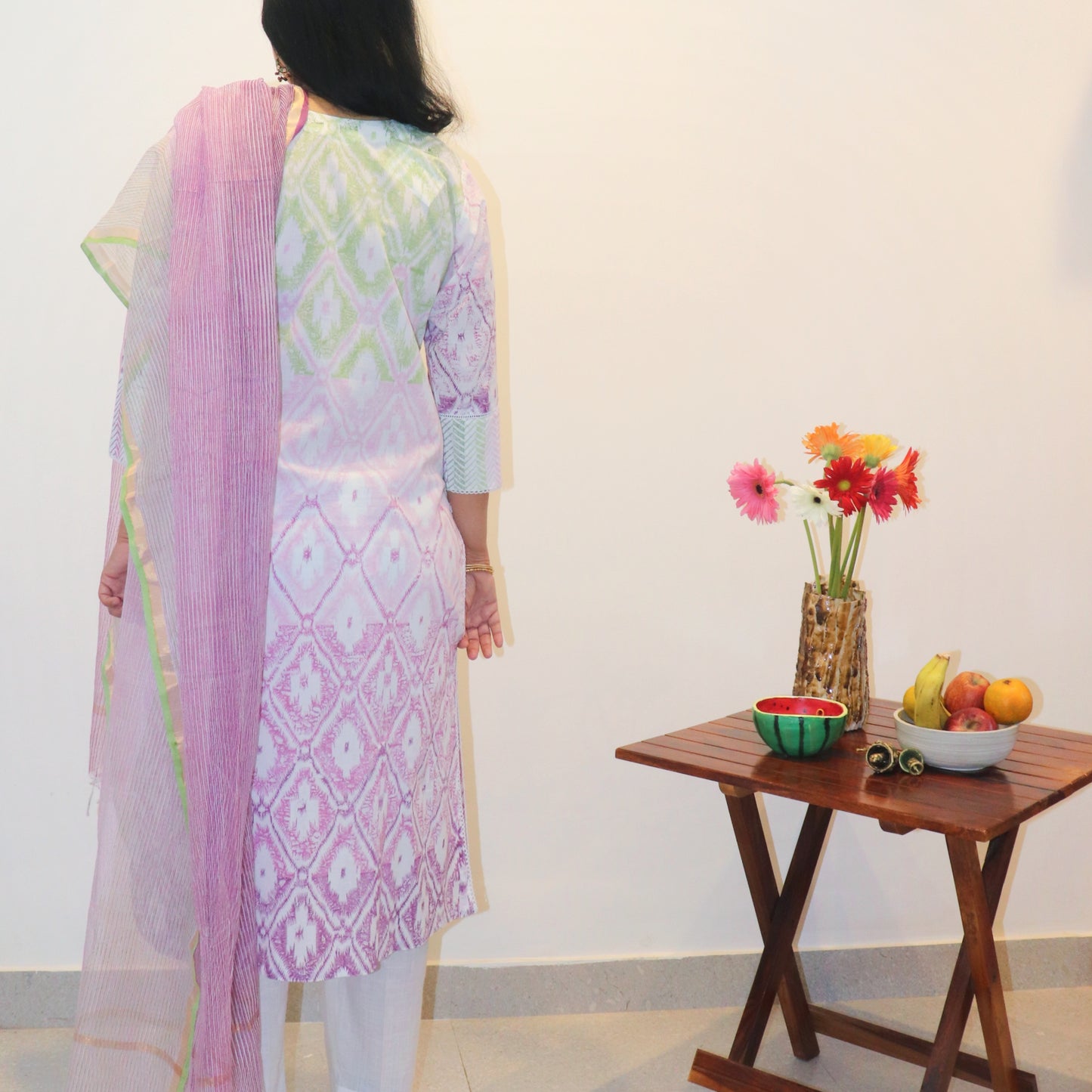 Hand Block Printed Pink / Green Kurta / Dupatta Set