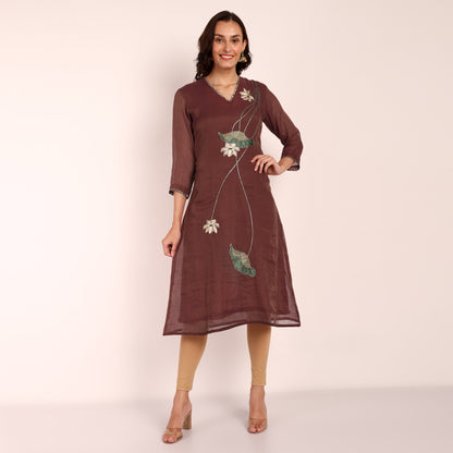 Wine Tissue Hand Embroidered Kurta