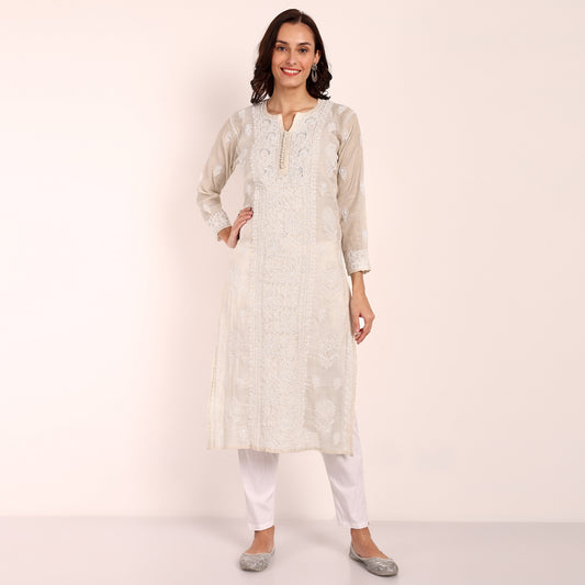 Biege Chikankari Tissue Kurta