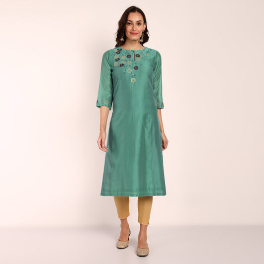 Emrald Green Chanderi Kurta with Hand Embroidery