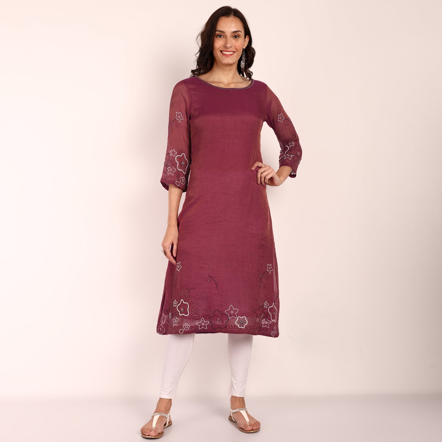 Wine Tissue Hand Embroidered Kurta with Beadwork