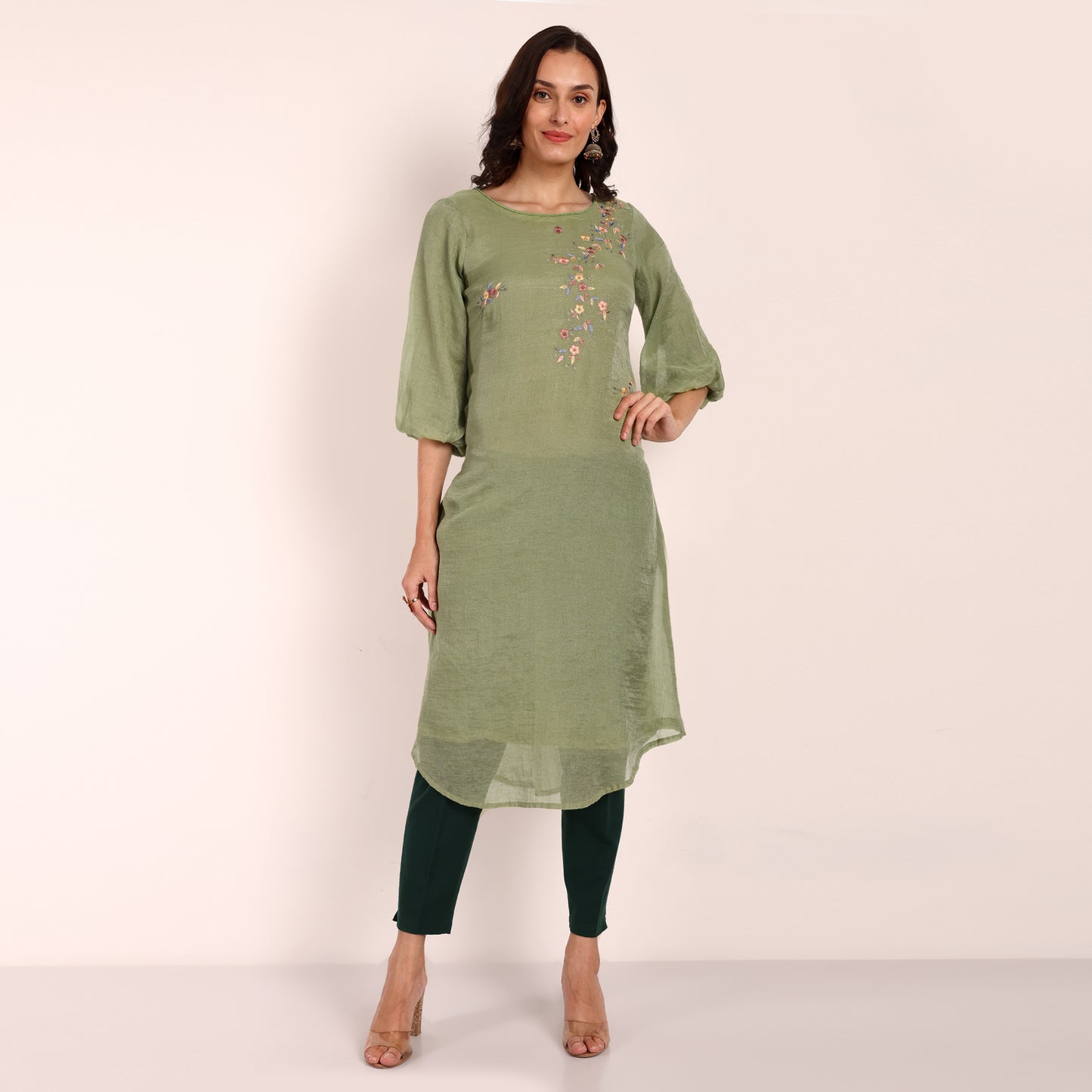 Green Chanderi Tissue Hand Embroidered Kurta