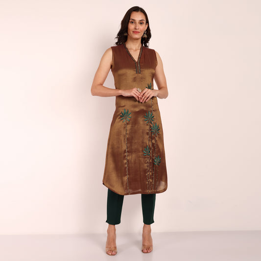 Gold-Rust Tissue Hand Embroidered Sleeveless Kurta