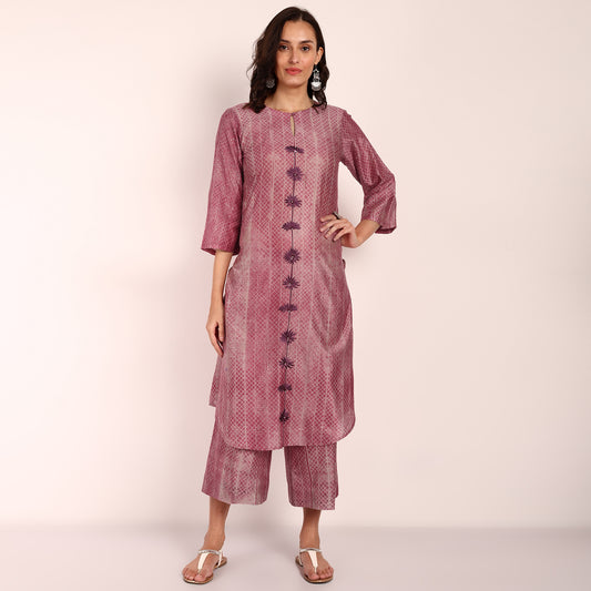 Wine Color Silk Shibori Co-Ord Set with Embroidery