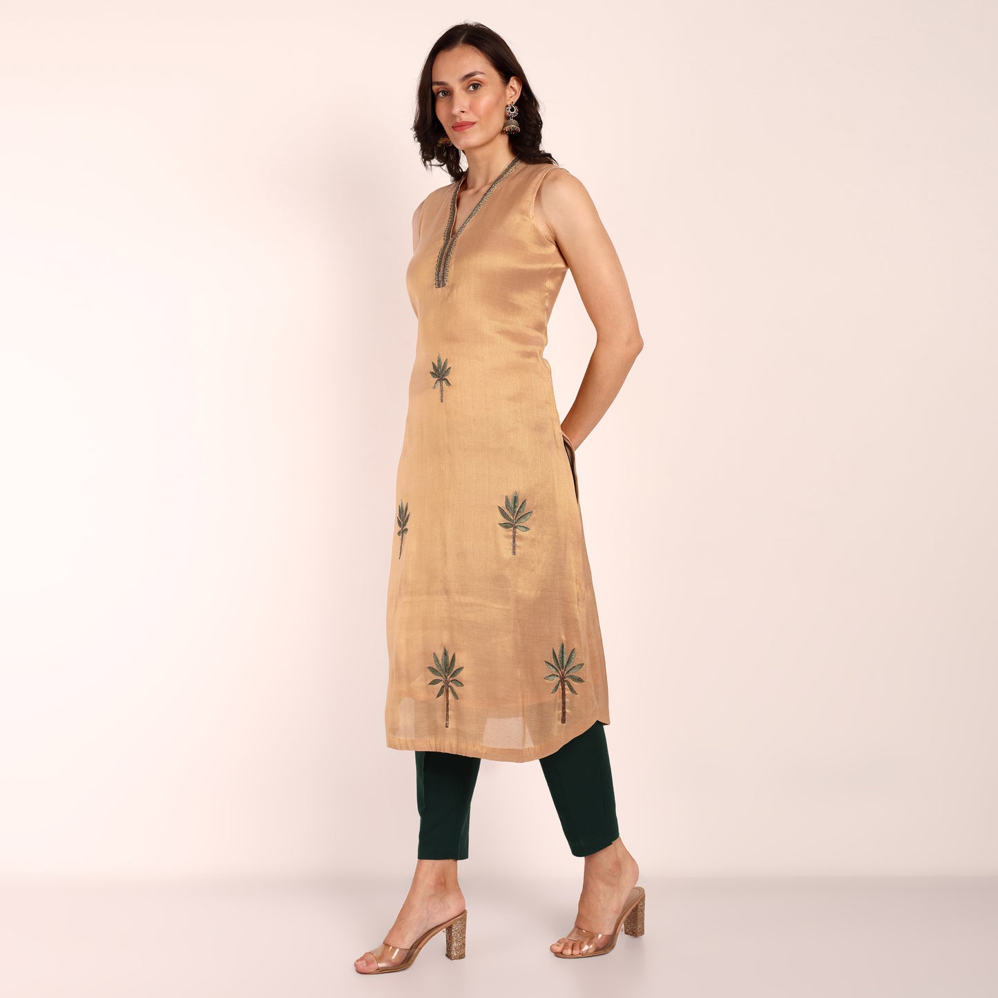 Beige Tissue Hand Embroidered Kurta