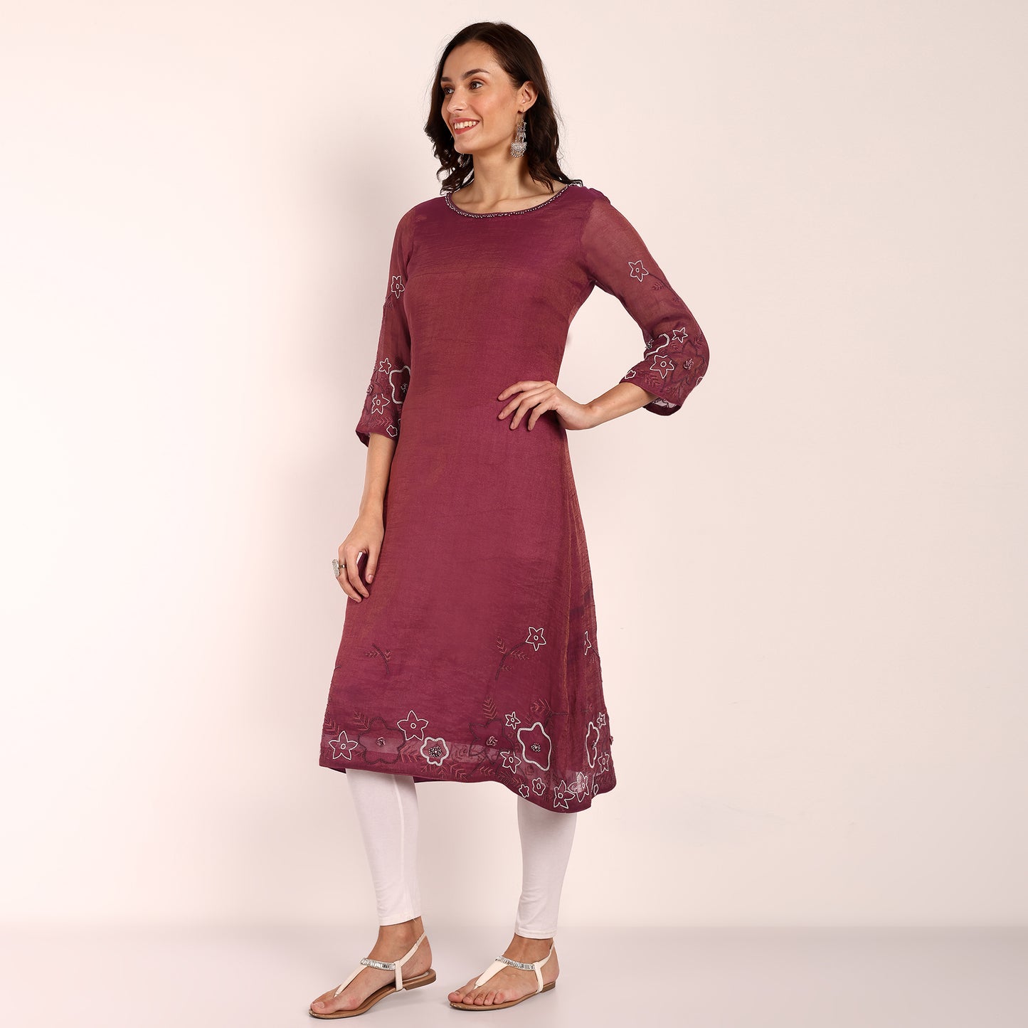 Wine Tissue Hand Embroidered Kurta with Beadwork