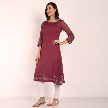 Wine Tissue Hand Embroidered Kurta with Beadwork