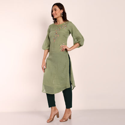 Green Chanderi Tissue Hand Embroidered Kurta