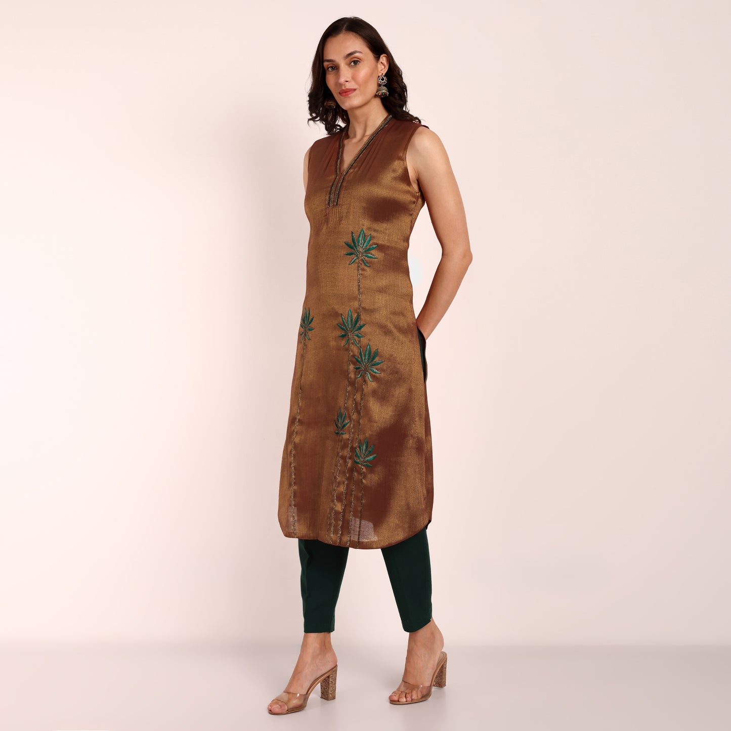 Gold-Rust Tissue Hand Embroidered Sleeveless Kurta