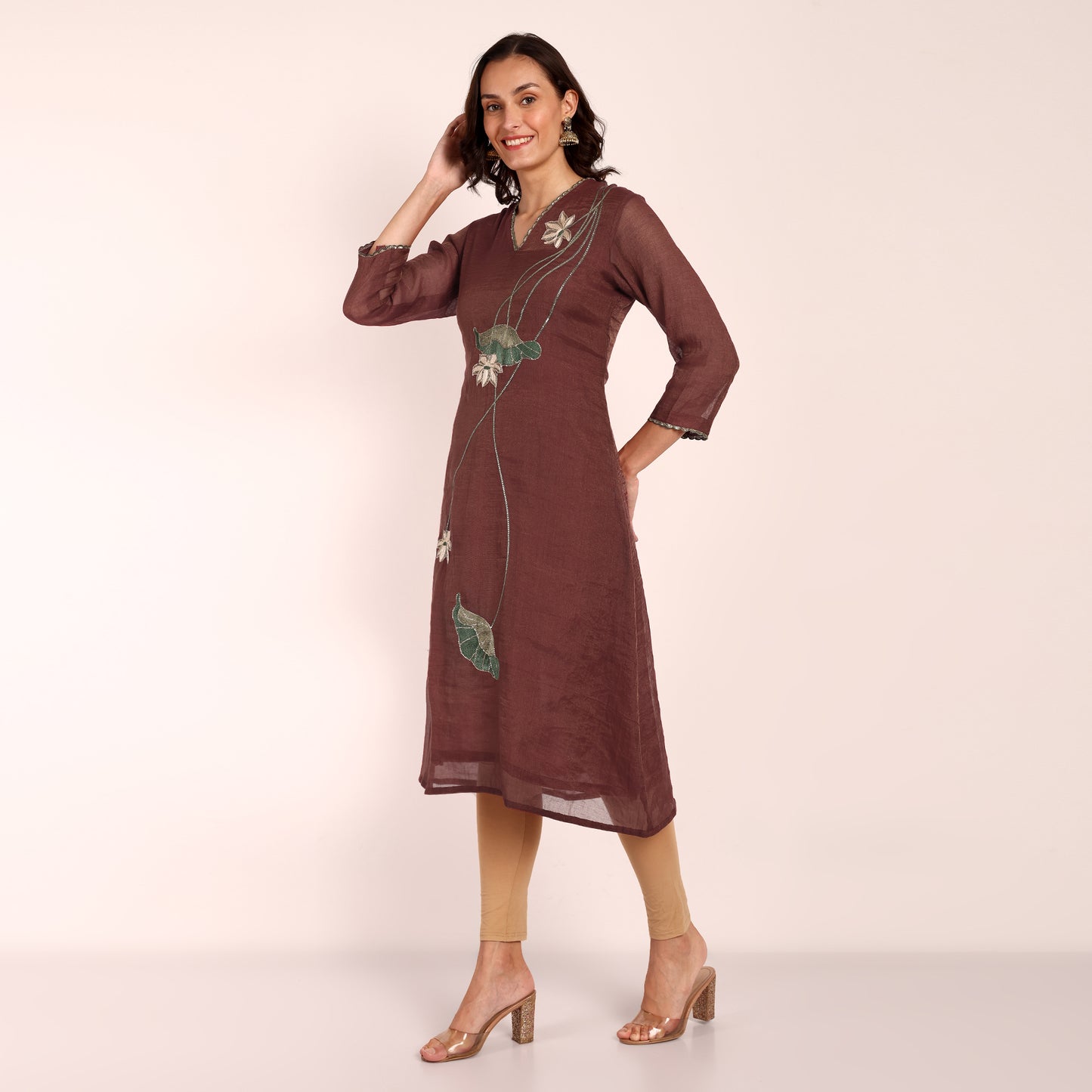 Wine Tissue Hand Embroidered Kurta