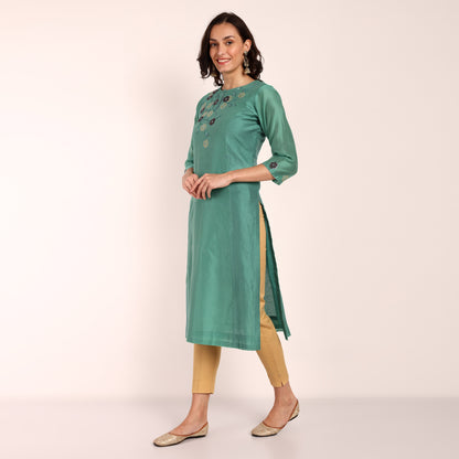 Emrald Green Chanderi Kurta with Hand Embroidery