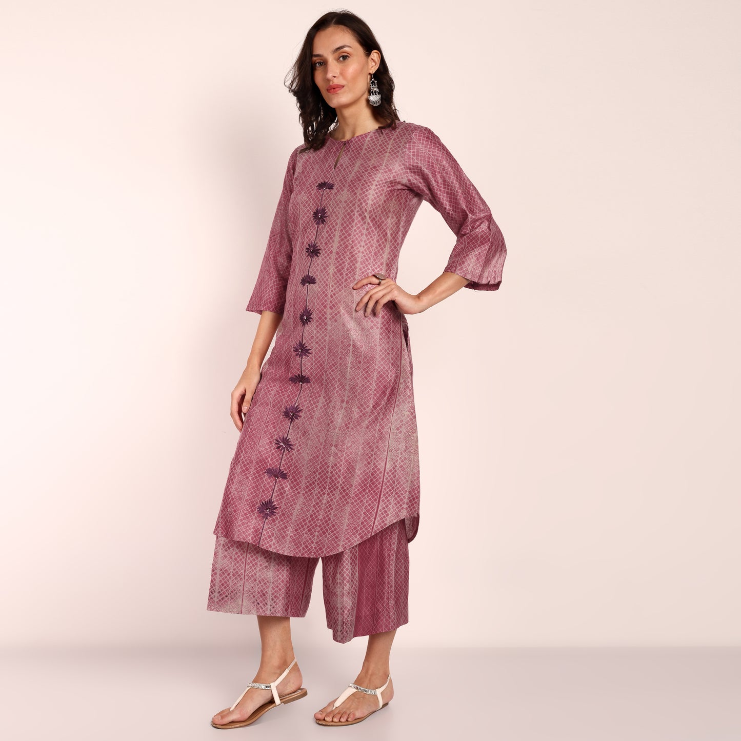 Wine Color Silk Shibori Co-Ord Set with Embroidery