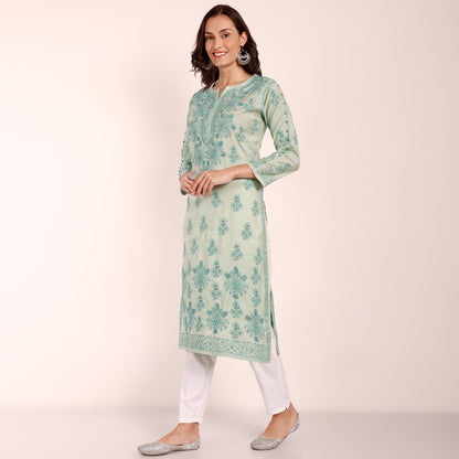 Sage Green Linen Embroidered Kurta