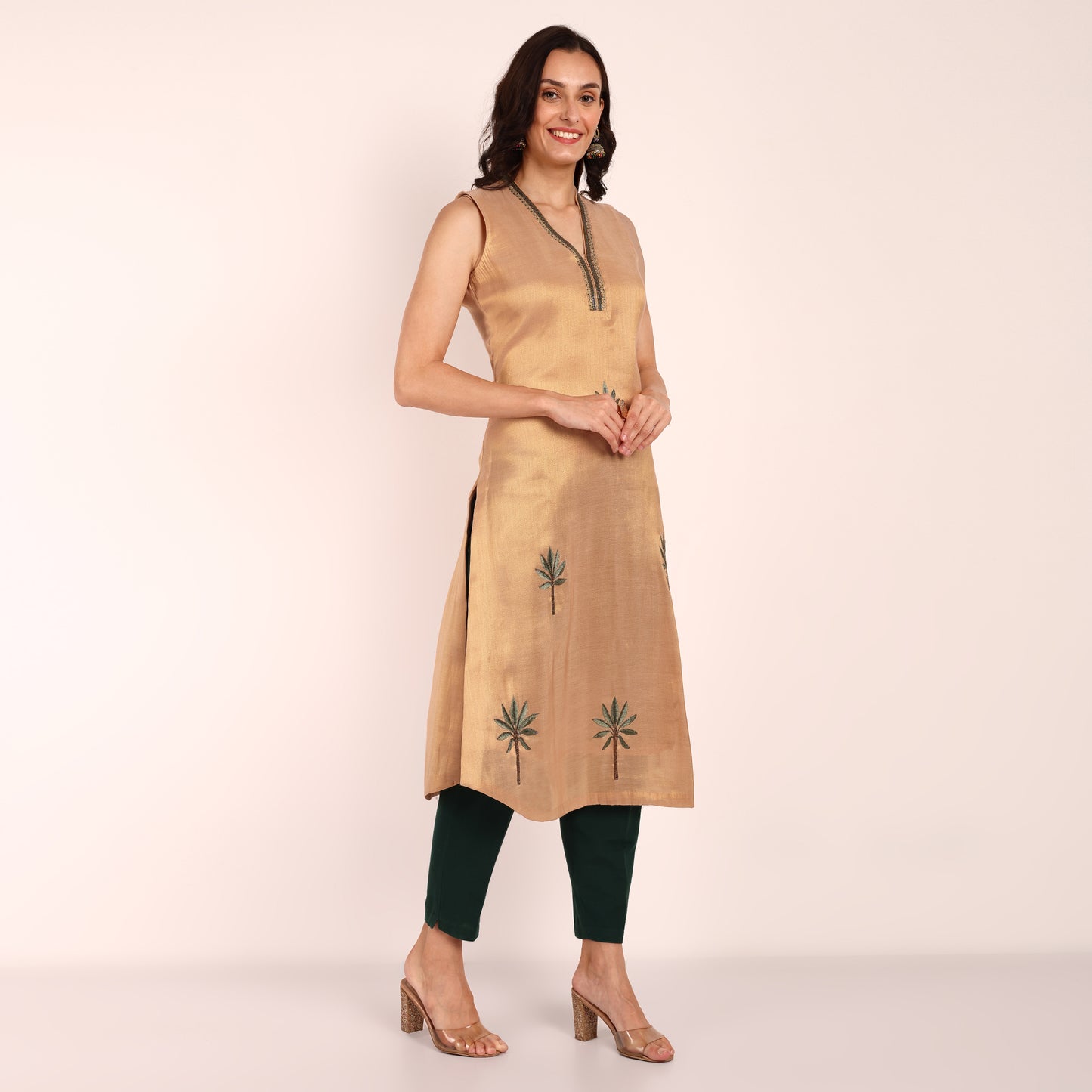 Beige Tissue Hand Embroidered Kurta