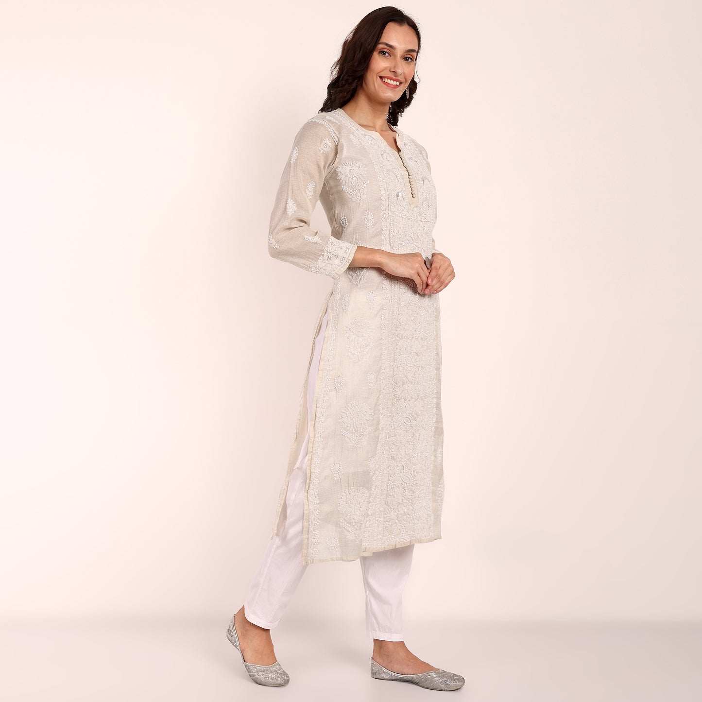 Biege Chikankari Tissue Kurta