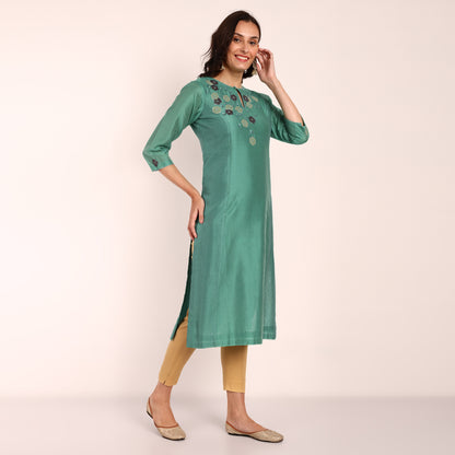 Emrald Green Chanderi Kurta with Hand Embroidery