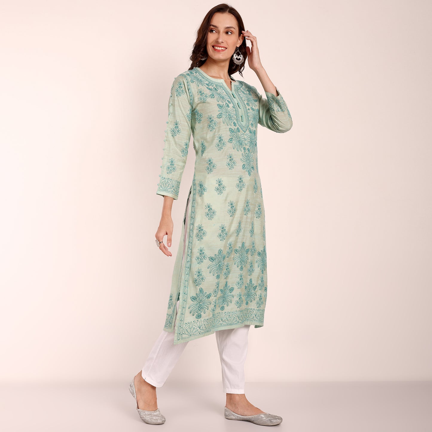 Sage Green Linen Embroidered Kurta