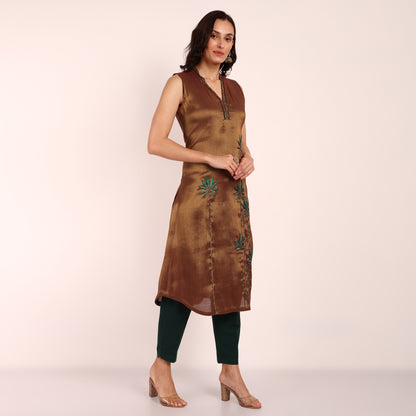 Gold-Rust Tissue Hand Embroidered Sleeveless Kurta