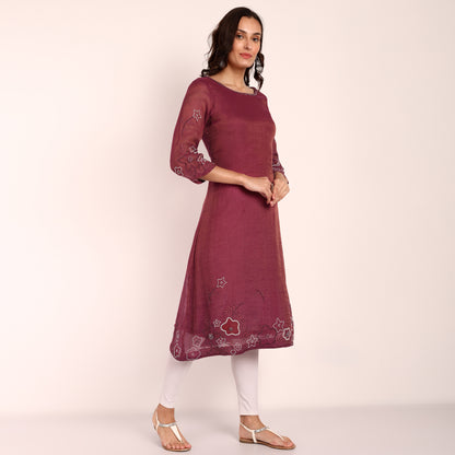 Wine Tissue Hand Embroidered Kurta with Beadwork