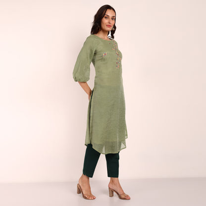 Green Chanderi Tissue Hand Embroidered Kurta