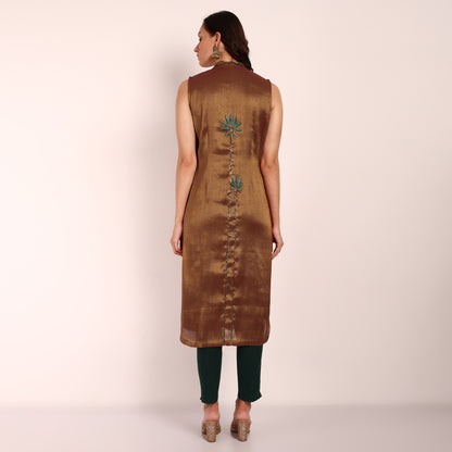 Gold-Rust Tissue Hand Embroidered Sleeveless Kurta