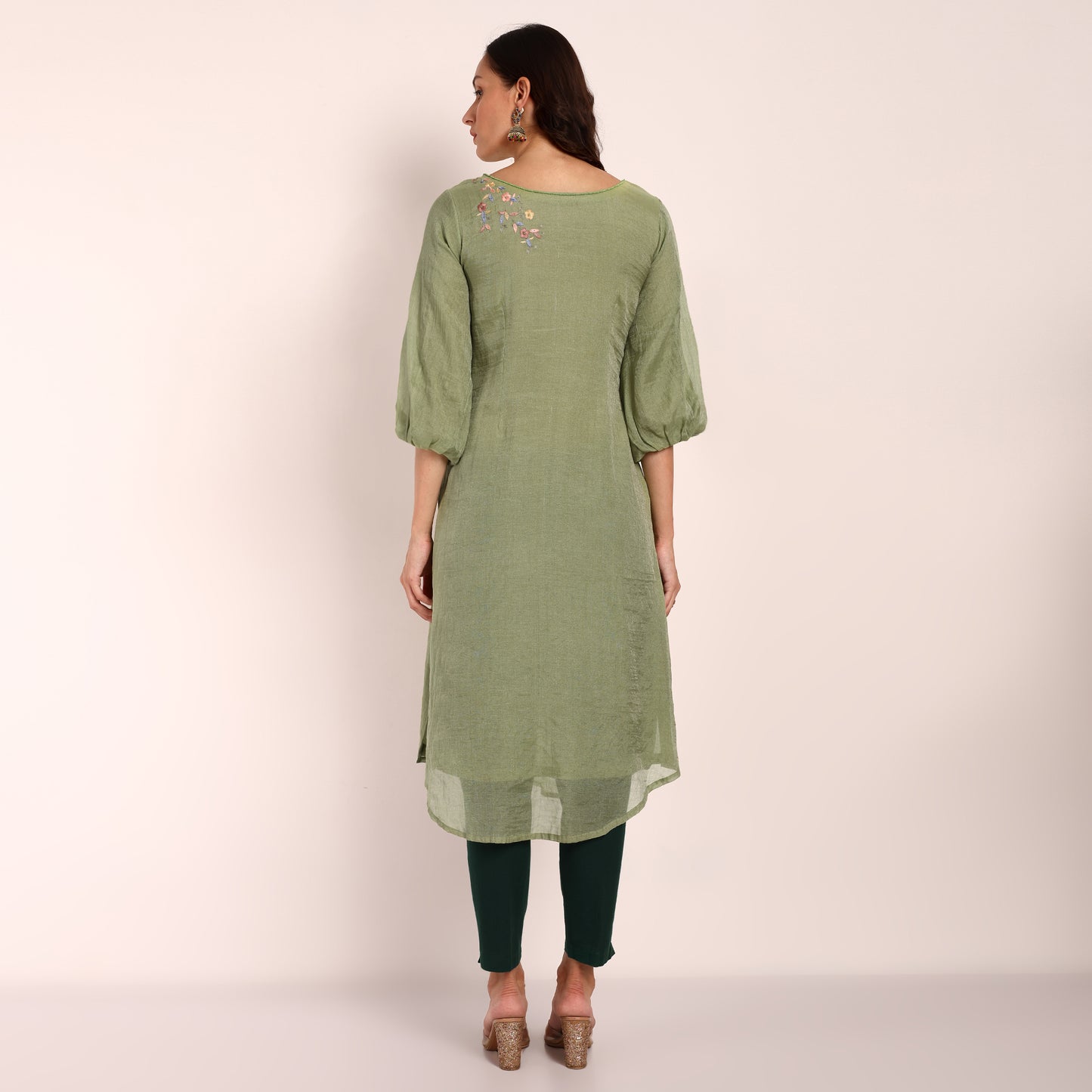 Green Chanderi Tissue Hand Embroidered Kurta