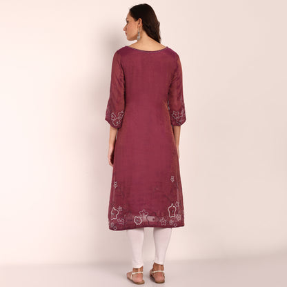 Wine Tissue Hand Embroidered Kurta with Beadwork