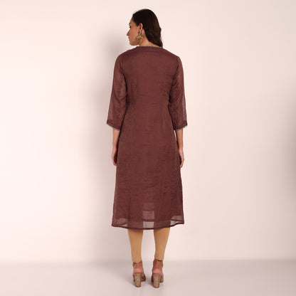 Wine Tissue Hand Embroidered Kurta