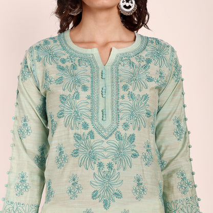 Sage Green Linen Embroidered Kurta