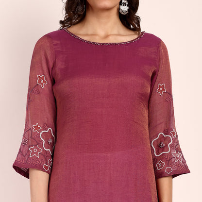 Wine Tissue Hand Embroidered Kurta with Beadwork