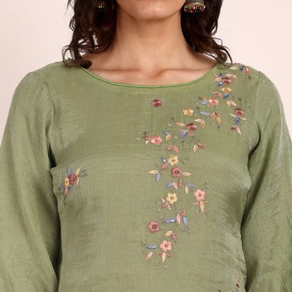 Green Chanderi Tissue Hand Embroidered Kurta