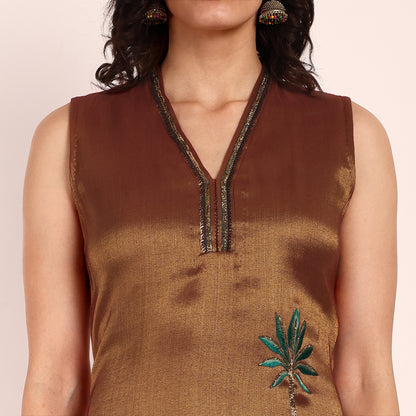 Gold-Rust Tissue Hand Embroidered Sleeveless Kurta