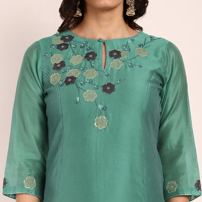 Emrald Green Chanderi Kurta with Hand Embroidery