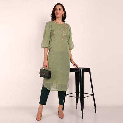 Green Chanderi Tissue Hand Embroidered Kurta