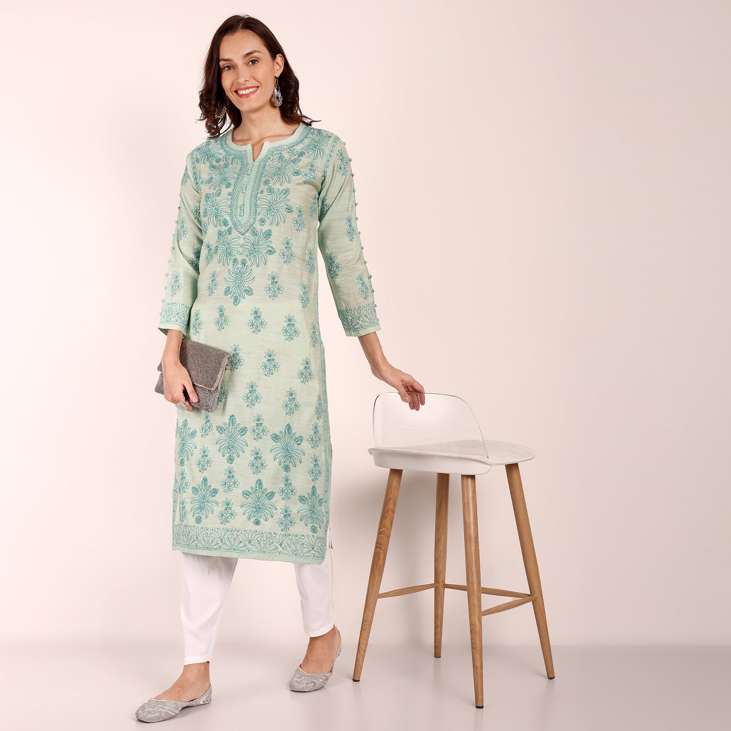 Sage Green Linen Embroidered Kurta