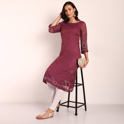 Wine Tissue Hand Embroidered Kurta with Beadwork