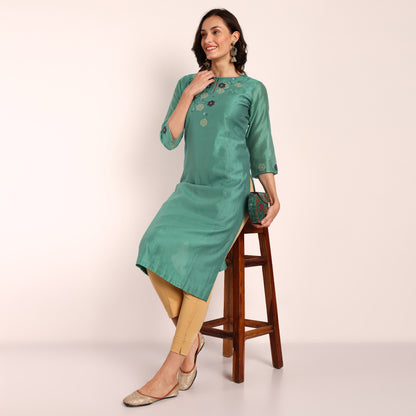 Emrald Green Chanderi Kurta with Hand Embroidery