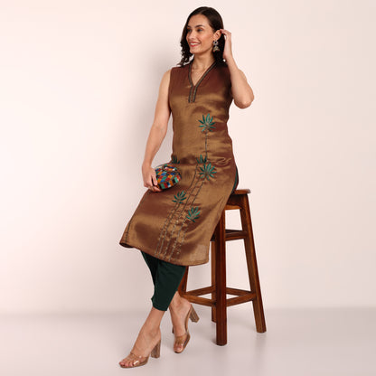 Gold-Rust Tissue Hand Embroidered Sleeveless Kurta