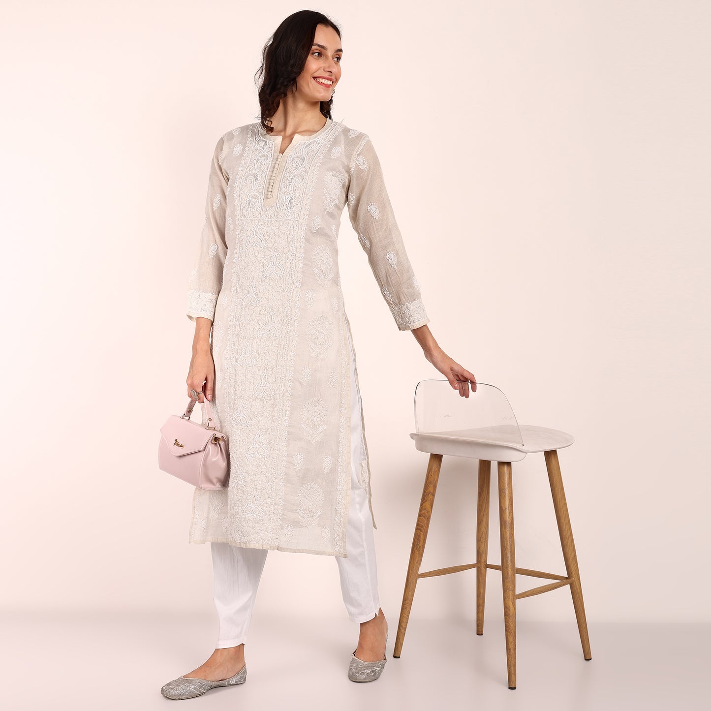 Biege Chikankari Tissue Kurta