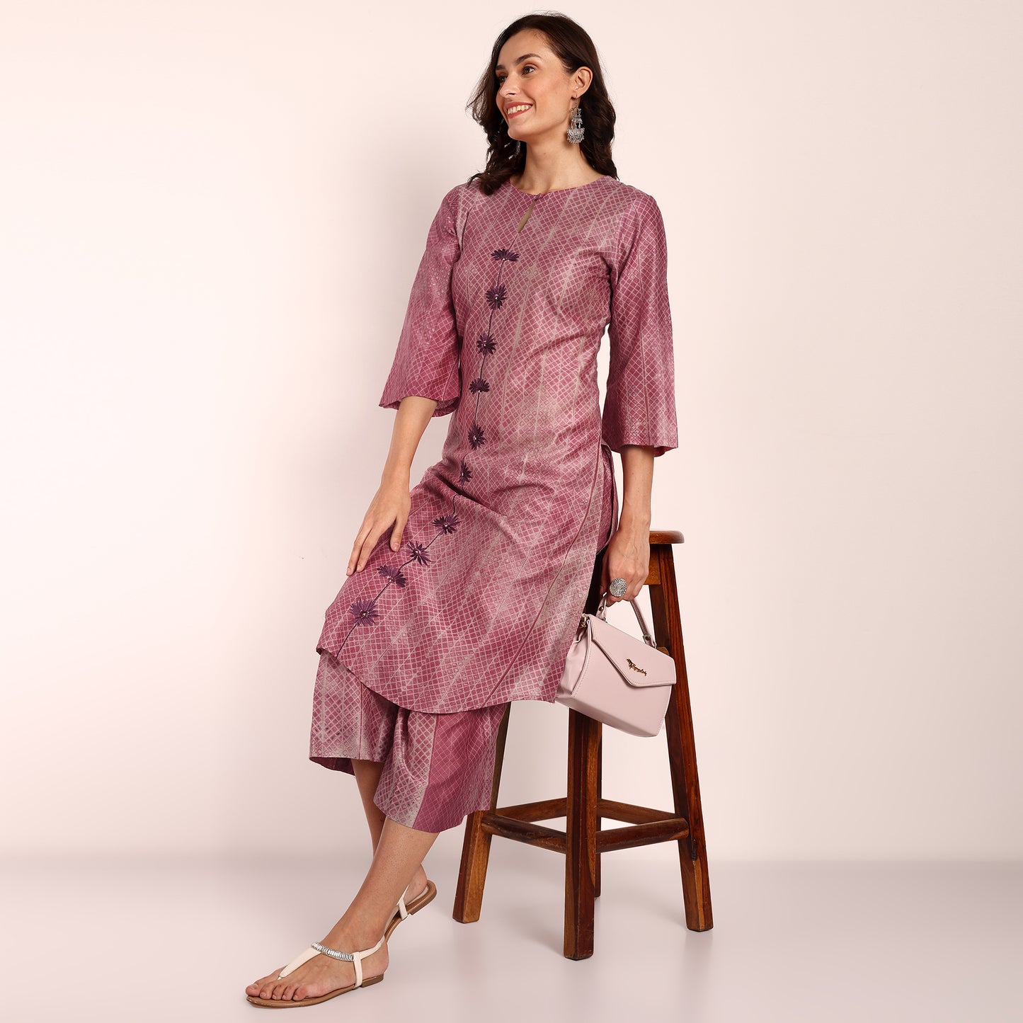 Wine Color Silk Shibori Co-Ord Set with Embroidery